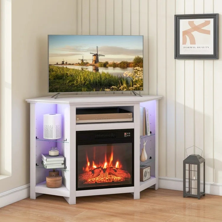 Mobile TV angolare con camino elettrico, luci LED e ripiani in vetro regolabili - 45 x 22 x 30