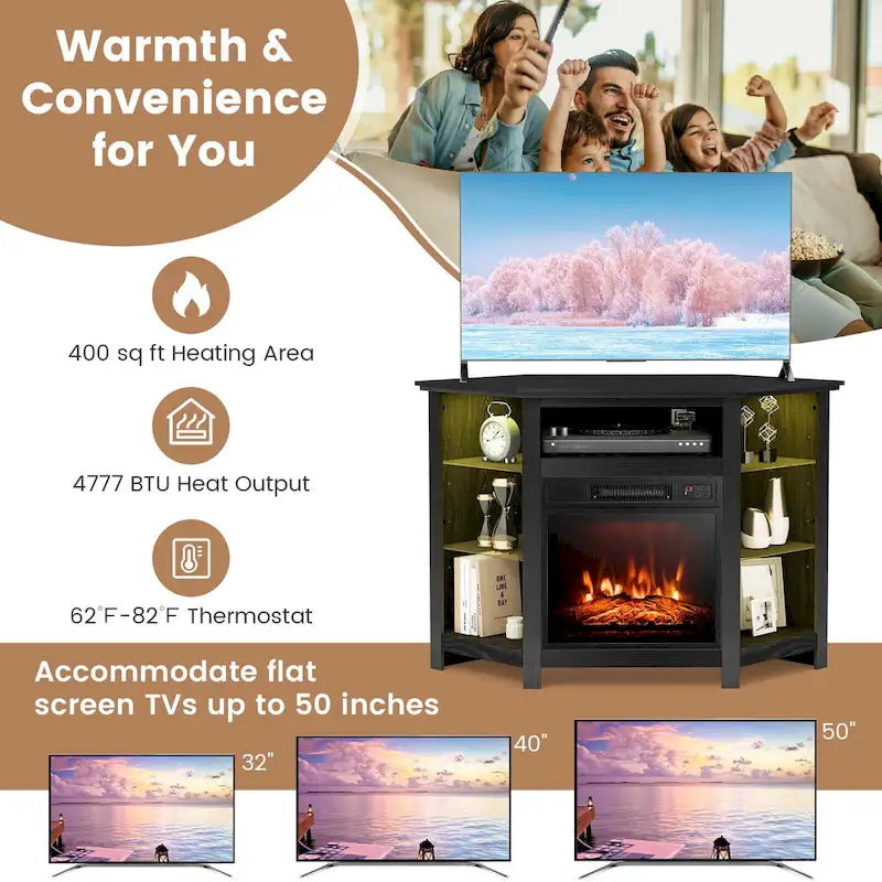 Mobile TV angolare con camino elettrico, luci LED e ripiani in vetro regolabili - 45 x 22 x 30