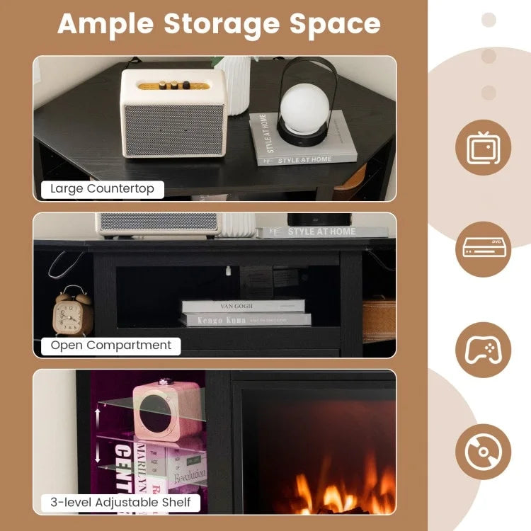 Mobile TV angolare con camino elettrico, luci LED e ripiani in vetro regolabili - 45 x 22 x 30