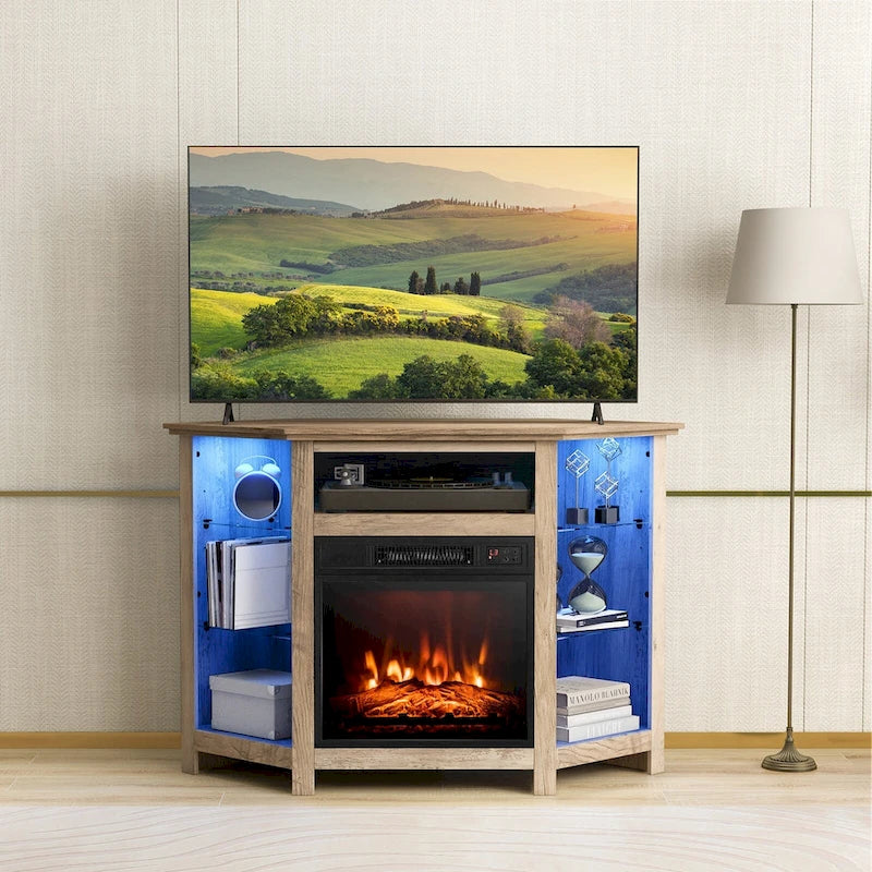 Mobile TV angolare con camino elettrico, luci LED e ripiani in vetro regolabili - 45 x 22 x 30