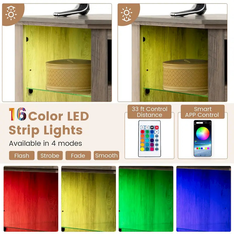 Mobile TV angolare con camino elettrico, luci LED e ripiani in vetro regolabili - 45 x 22 x 30