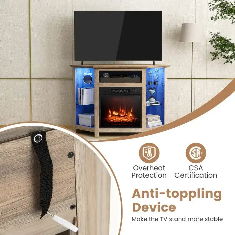 Mobile TV angolare con camino elettrico, luci LED e ripiani in vetro regolabili - 45 x 22 x 30