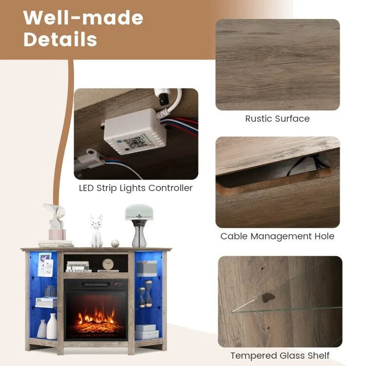 Mobile TV angolare con camino elettrico, luci LED e ripiani in vetro regolabili - 45 x 22 x 30