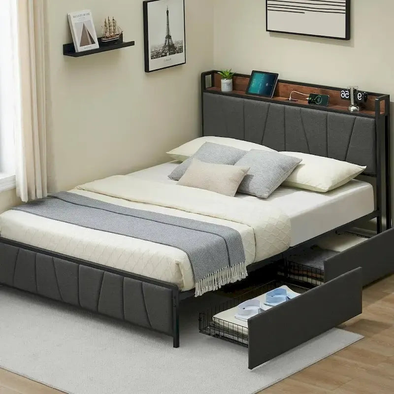 Struttura letto a piattaforma imbottita in lino con cassetti e testiera contenitore