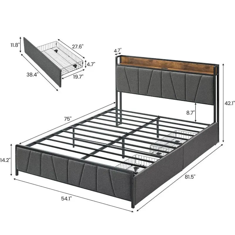 Struttura letto a piattaforma imbottita in lino con cassetti e testiera contenitore