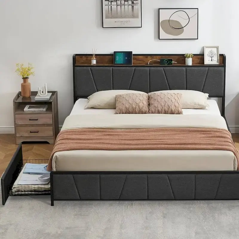 Struttura letto a piattaforma imbottita in lino con cassetti e testiera contenitore