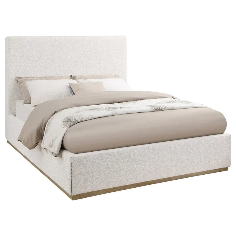 King Size Bed, Upholstered Panel Headboard, Gold Plinth Base