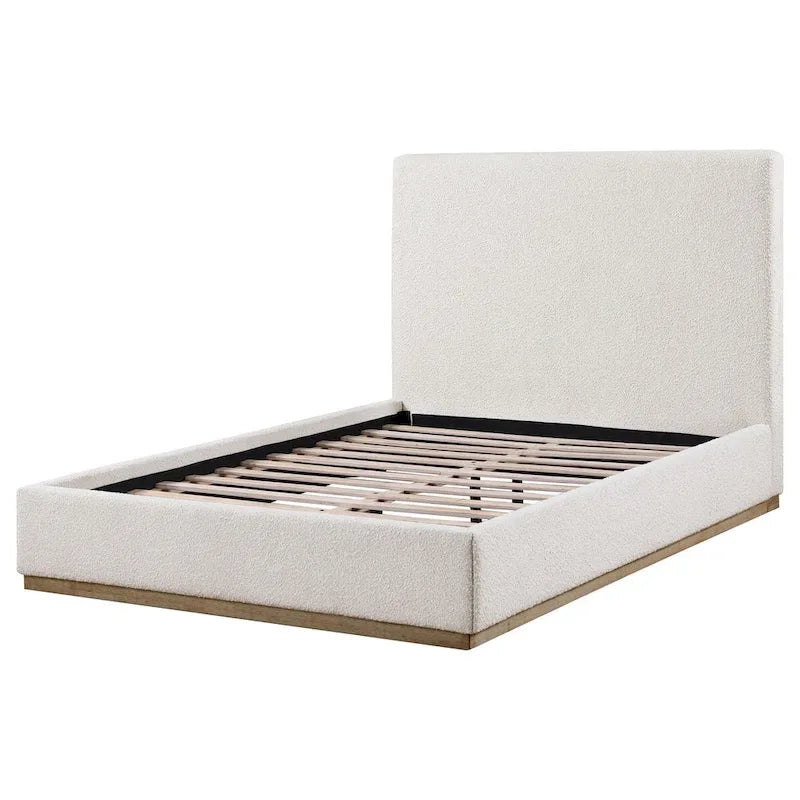 King Size Bed, Upholstered Panel Headboard, Gold Plinth Base