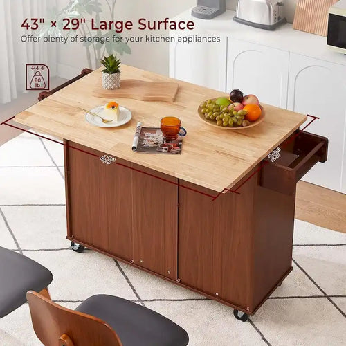 54 Rolling Kitchen Island Cart with Storage, Wood Island Table for Kitchen with 3 Drawers and Spice Rack