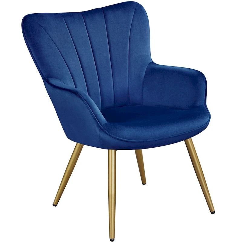 Poltroncina d'accento moderna in velluto con schienale curvo plissettato, ideale per il soggiorno