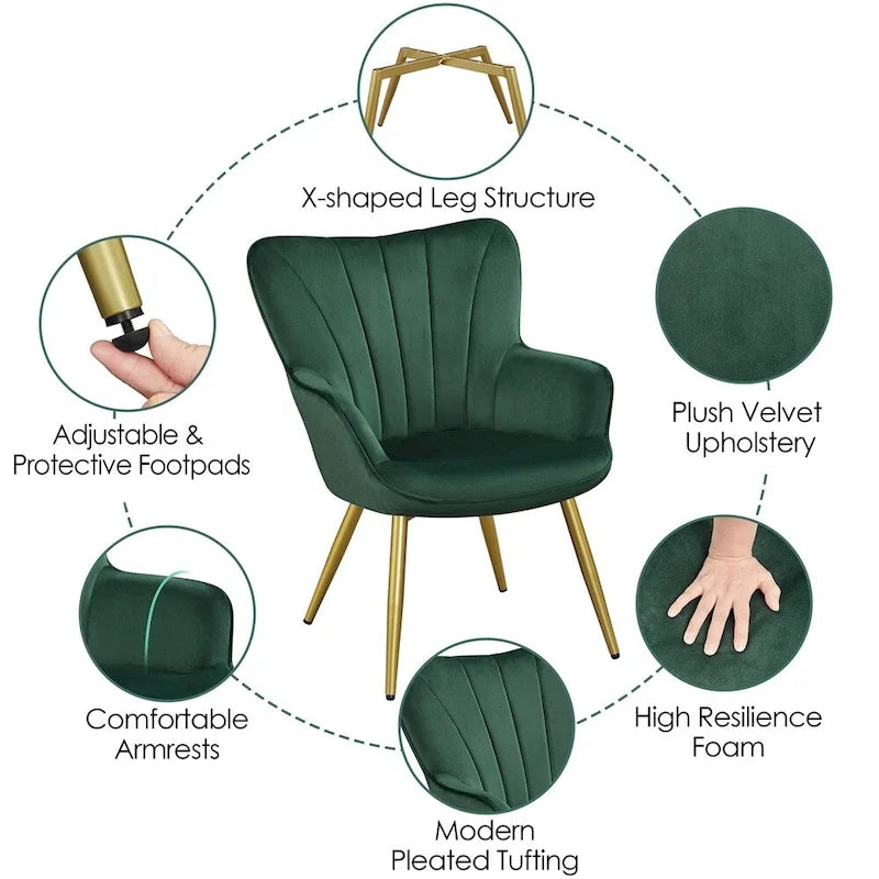 Poltroncina d'accento moderna in velluto con schienale curvo plissettato, ideale per il soggiorno