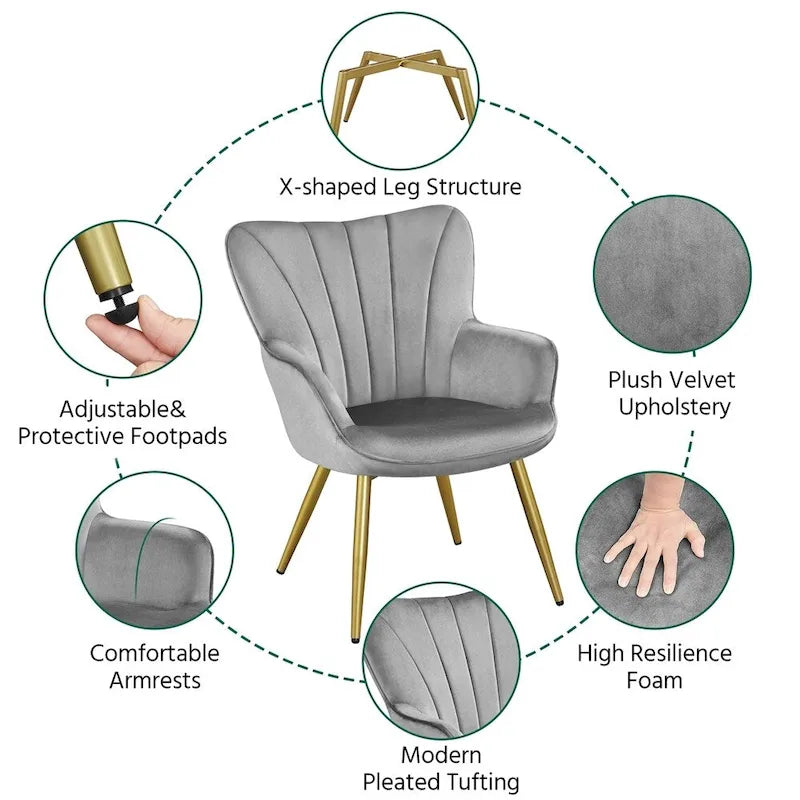 Poltroncina d'accento moderna in velluto con schienale curvo plissettato, ideale per il soggiorno