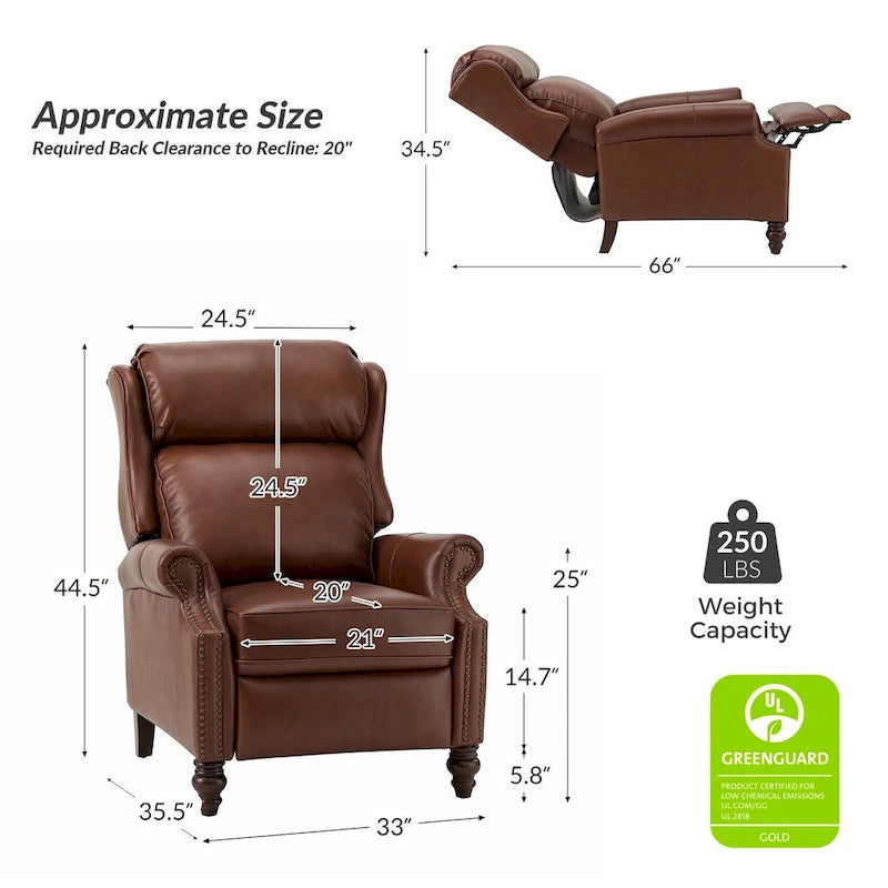 Modern Genuine Leather Recliner with Nailhead Trims Set of 2