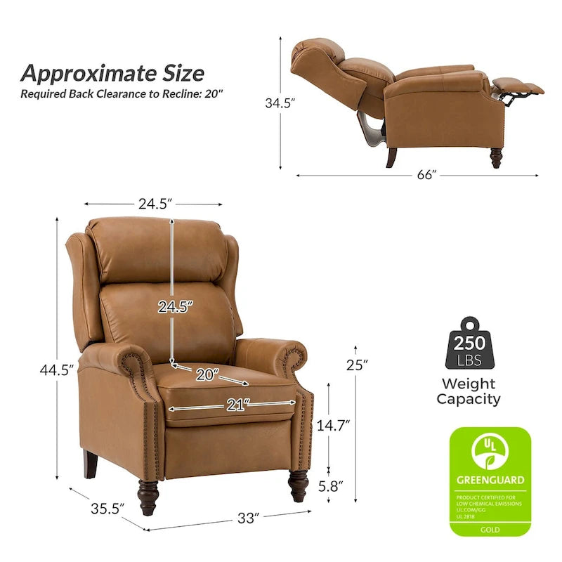 Modern Genuine Leather Recliner with Nailhead Trims Set of 2