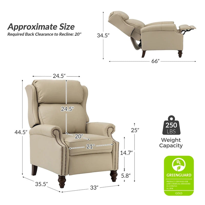 Modern Genuine Leather Recliner with Nailhead Trims Set of 2
