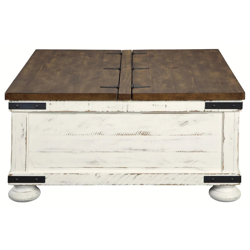 Tavolino da salotto bicolore in stile rustico con piano sollevabile e vano contenitore, marrone e bianco