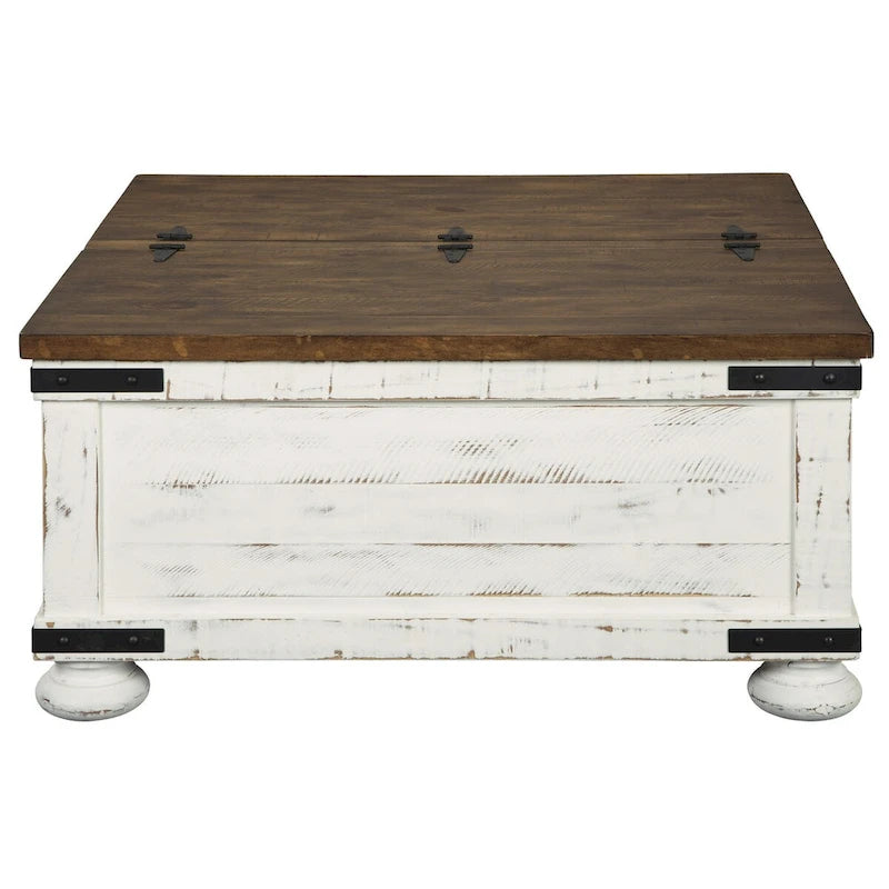 Tavolino da salotto bicolore in stile rustico con piano sollevabile e vano contenitore, marrone e bianco