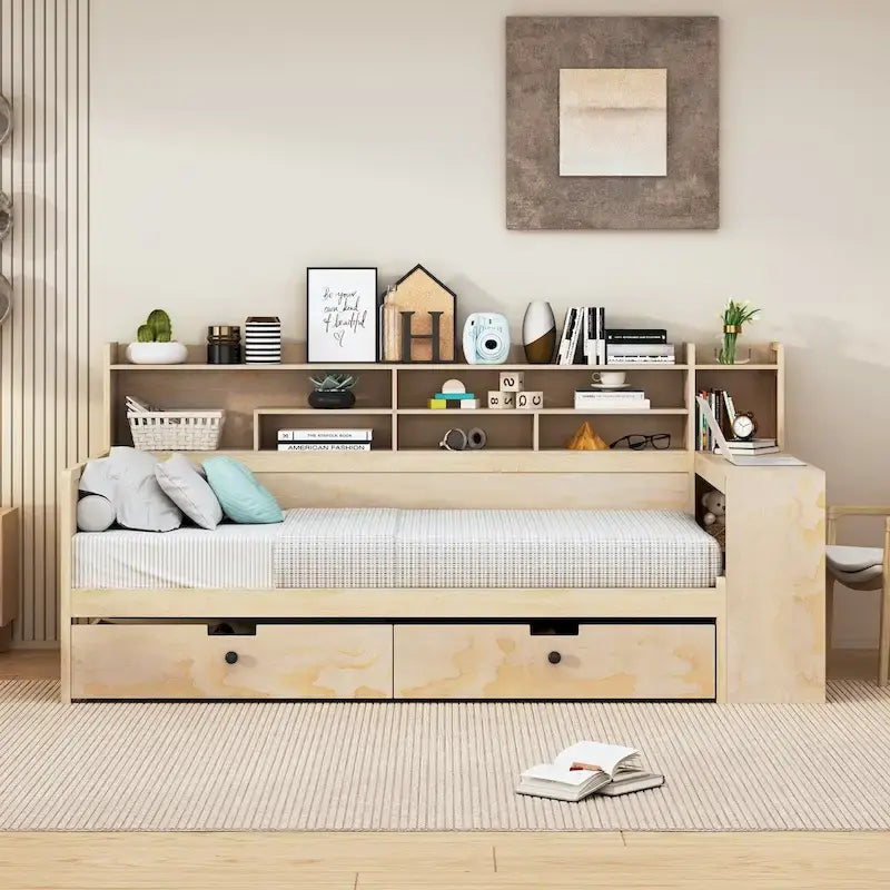 Letto singolo in legno con ripiani contenitore, letto multifunzione con due cassetti e scrivania