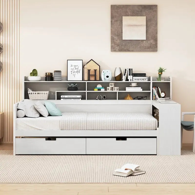 Letto singolo in legno con ripiani contenitore, letto multifunzione con due cassetti e scrivania