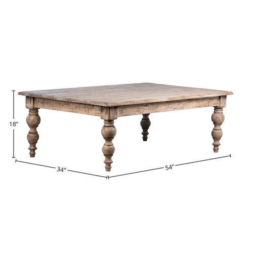 54-inch Rectangular Reclaimed Pine Coffee Table with Carved Four Poster Legs Finished in an Antique Seal