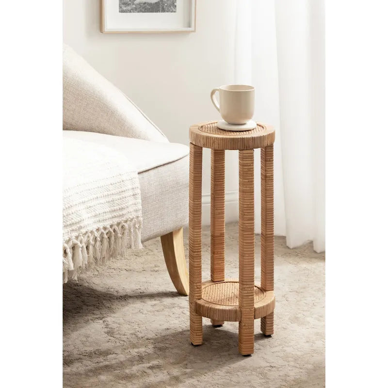 Rattan Drink Table, Boho Small Side Table, Compact Design for Sofa & Patio Corner