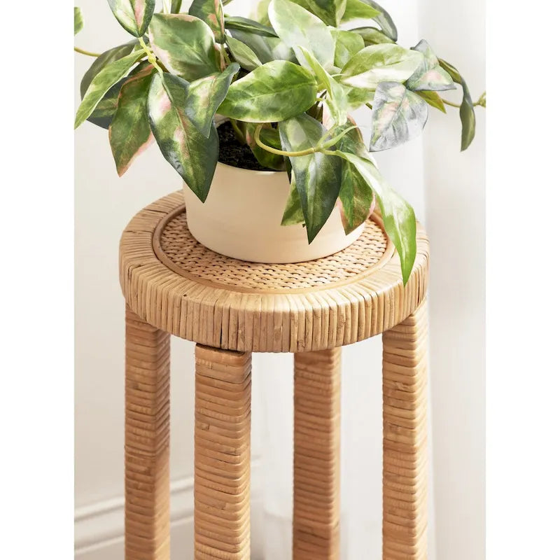 Rattan Drink Table, Boho Small Side Table, Compact Design for Sofa & Patio Corner