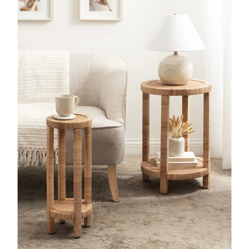 Rattan Drink Table, Boho Small Side Table, Compact Design for Sofa & Patio Corner