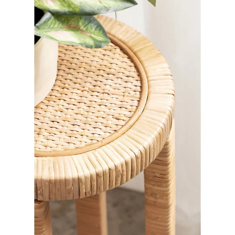 Rattan Drink Table, Boho Small Side Table, Compact Design for Sofa & Patio Corner