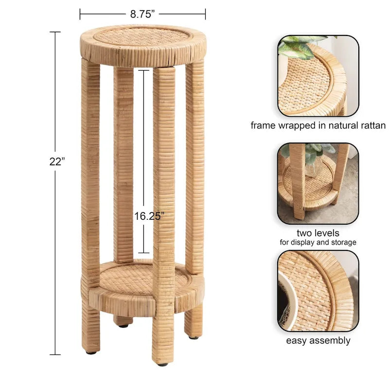 Rattan Drink Table, Boho Small Side Table, Compact Design for Sofa & Patio Corner