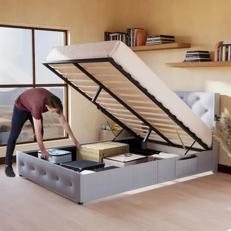 Struttura letto matrimoniale con contenitore a sollevamento a gas e porte USB