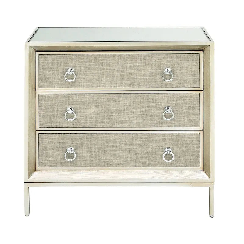 Cassettiera in legno con pannello frontale imbottito, 3 cassetti, piano a specchio e maniglie ad anello - Beige