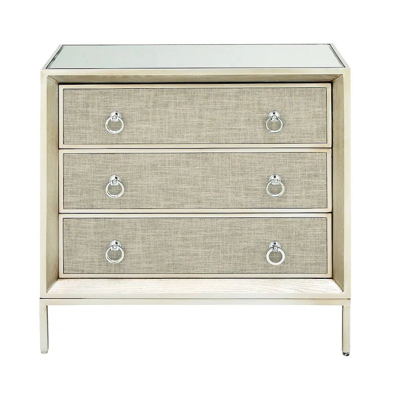 Wooden Upholstered Front Panel 3 Drawer Room Chest with Mirrored Top and Ring Handles - Beige - Roche River Decor