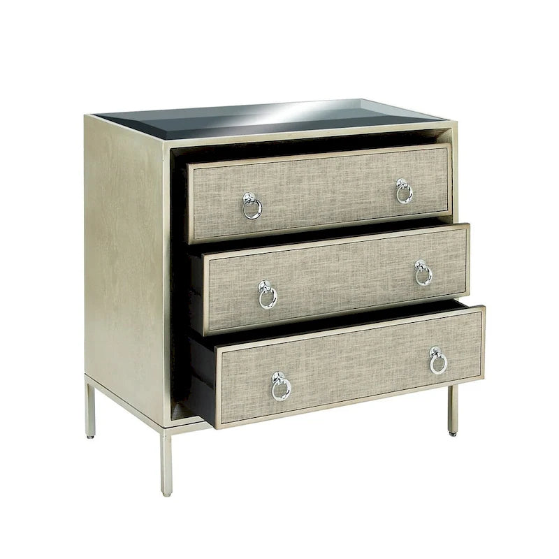 Cassettiera in legno con pannello frontale imbottito, 3 cassetti, piano a specchio e maniglie ad anello - Beige