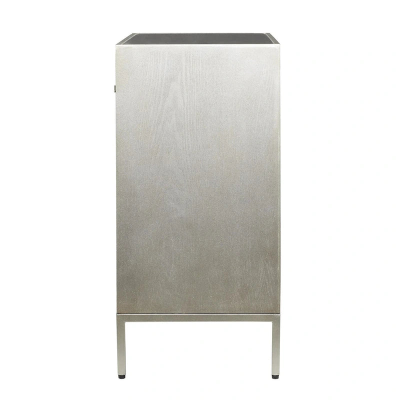 Cassettiera in legno con pannello frontale imbottito, 3 cassetti, piano a specchio e maniglie ad anello - Beige