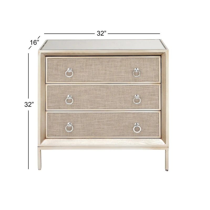 Cassettiera in legno con pannello frontale imbottito, 3 cassetti, piano a specchio e maniglie ad anello - Beige