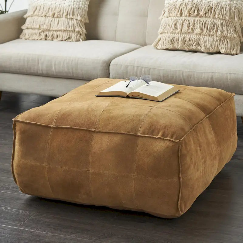 Pouf quadrato basso in pelle con design patchwork - marrone, grigio o marrone scuro