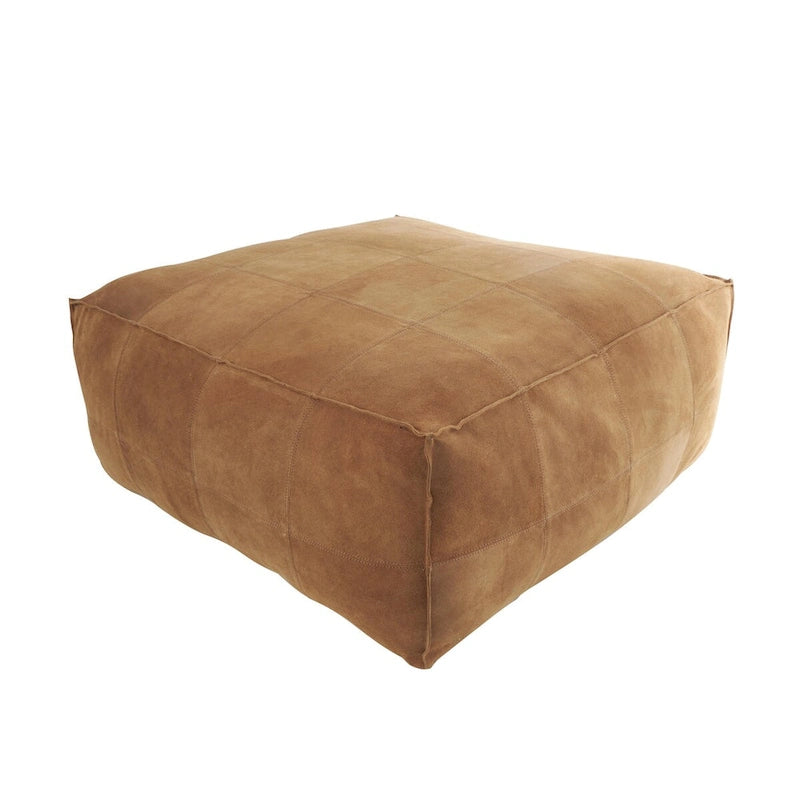 Leather Low Profile Square Pouf with Patchwork Design - Brown, Gray or Dark Brown