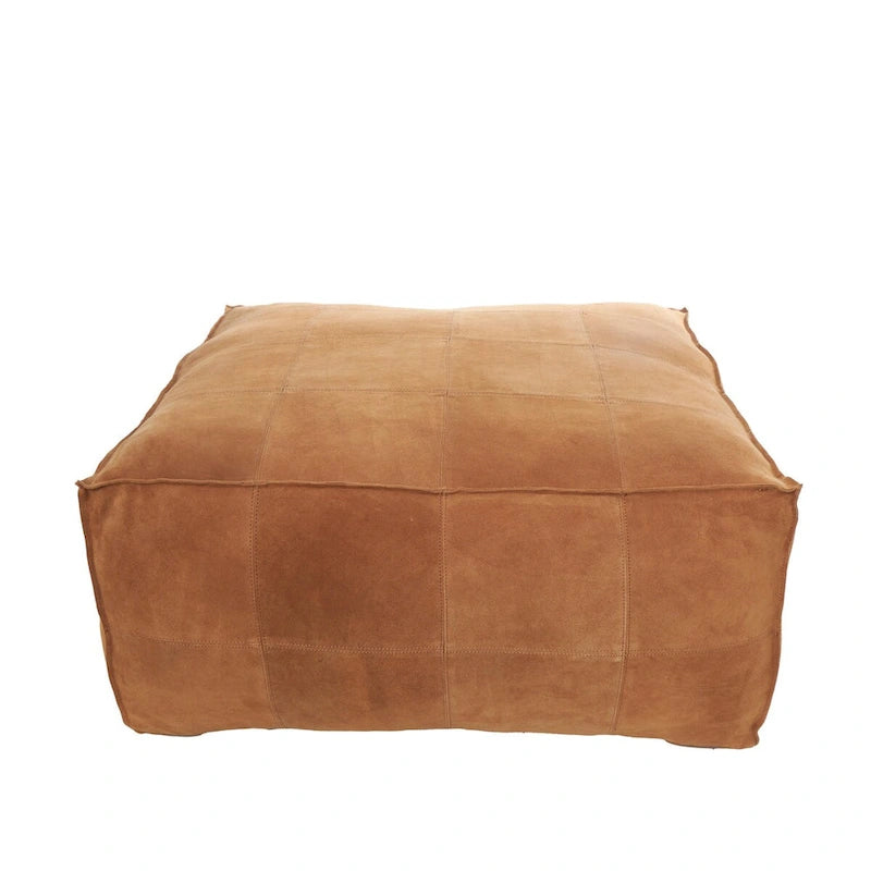 Leather Low Profile Square Pouf with Patchwork Design - Brown, Gray or Dark Brown
