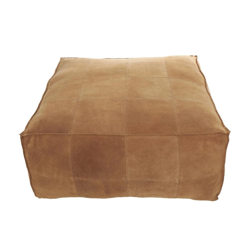 Leather Low Profile Square Pouf with Patchwork Design - Brown, Gray or Dark Brown