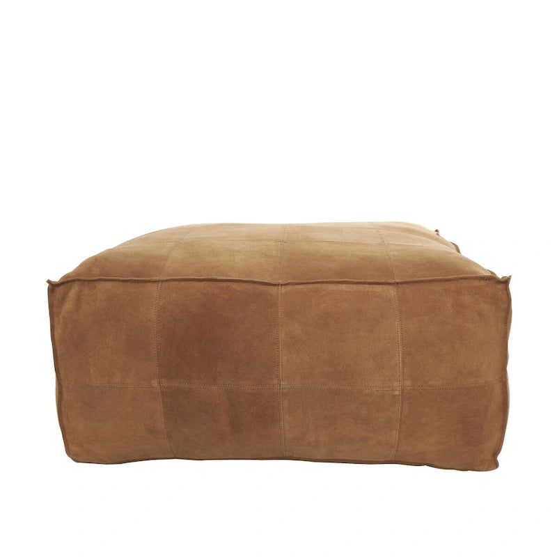 Leather Low Profile Square Pouf with Patchwork Design - Brown, Gray or Dark Brown