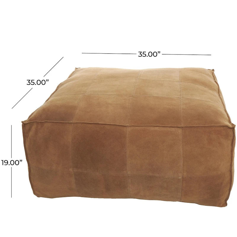 Leather Low Profile Square Pouf with Patchwork Design - Brown, Gray or Dark Brown