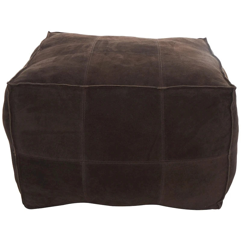 Leather Low Profile Square Pouf with Patchwork Design - Brown, Gray or Dark Brown