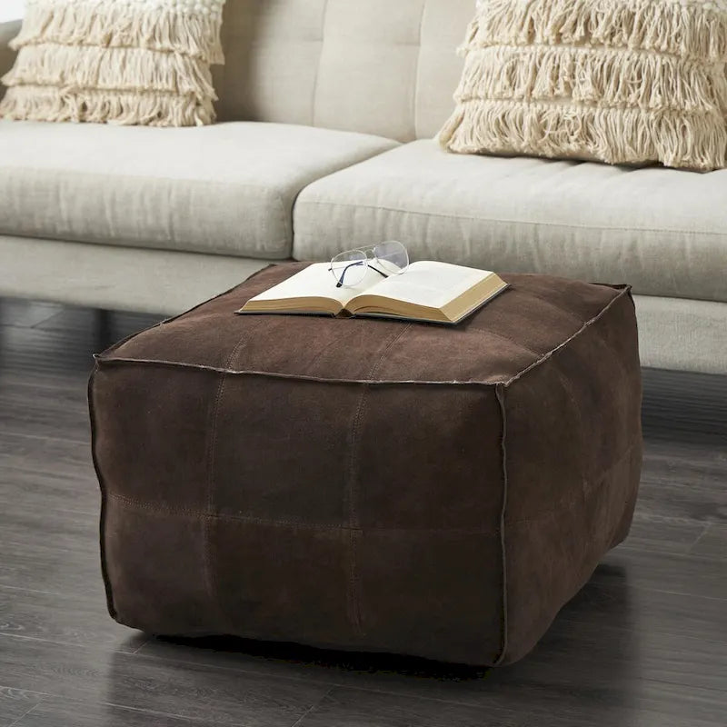 Leather Low Profile Square Pouf with Patchwork Design - Brown, Gray or Dark Brown