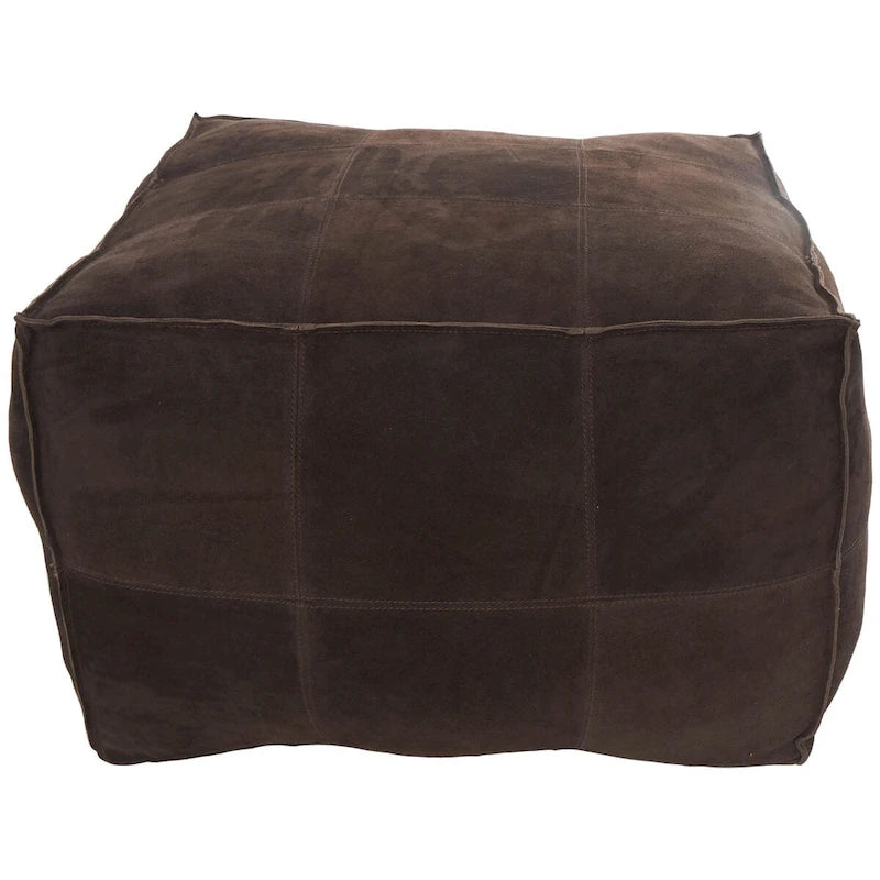 Leather Low Profile Square Pouf with Patchwork Design - Brown, Gray or Dark Brown
