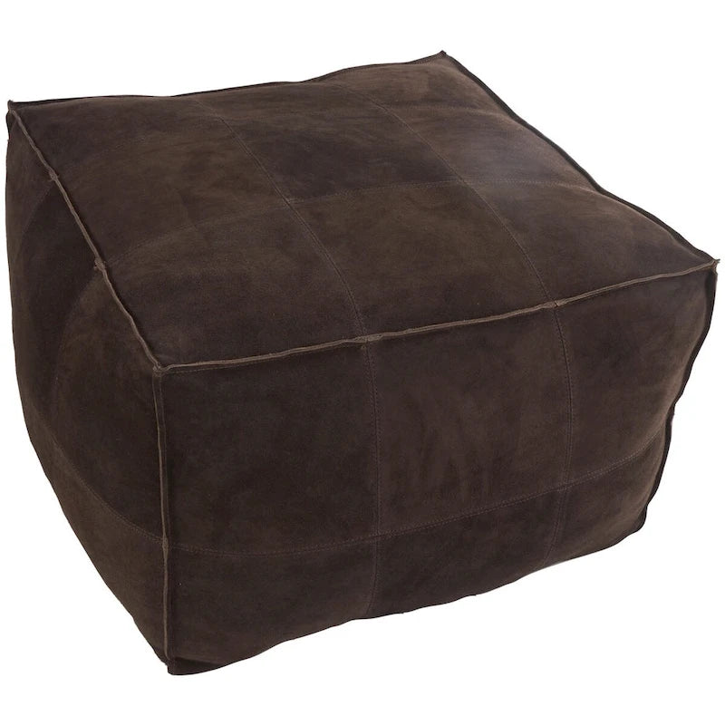 Leather Low Profile Square Pouf with Patchwork Design - Brown, Gray or Dark Brown