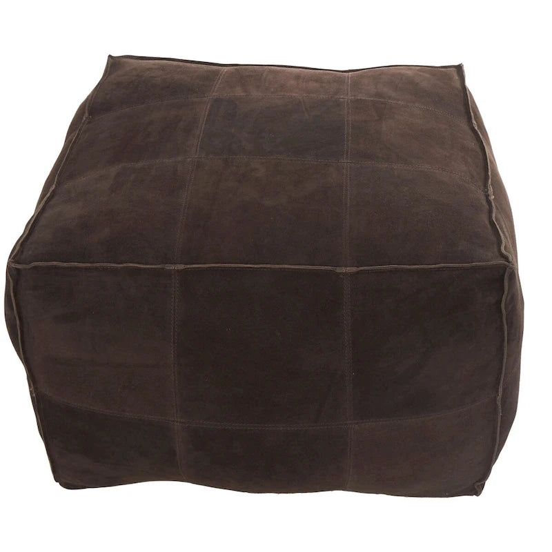 Leather Low Profile Square Pouf with Patchwork Design - Brown, Gray or Dark Brown