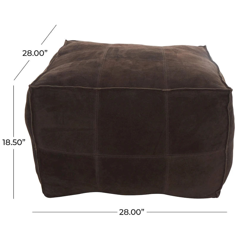 Leather Low Profile Square Pouf with Patchwork Design - Brown, Gray or Dark Brown