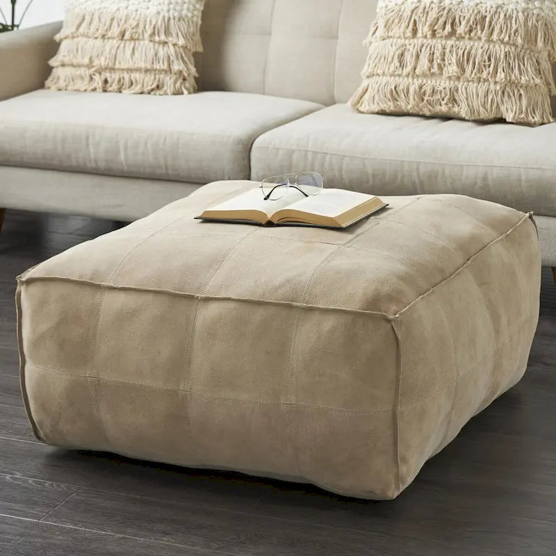 Leather Low Profile Square Pouf with Patchwork Design - Brown, Gray or Dark Brown