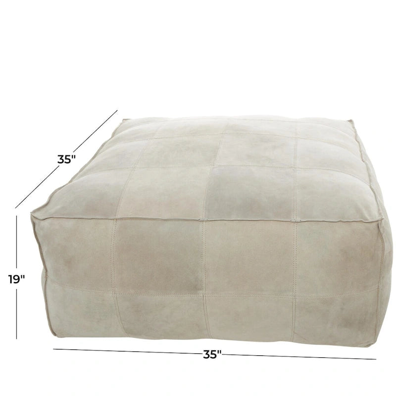 Leather Low Profile Square Pouf with Patchwork Design - Brown, Gray or Dark Brown