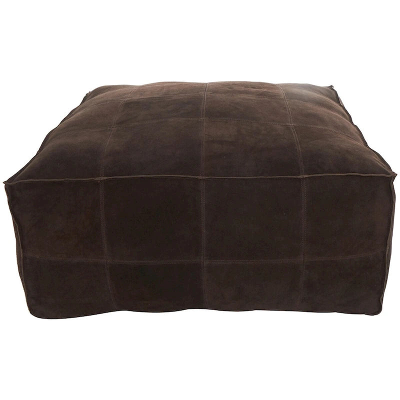 Leather Low Profile Square Pouf with Patchwork Design - Brown, Gray or Dark Brown
